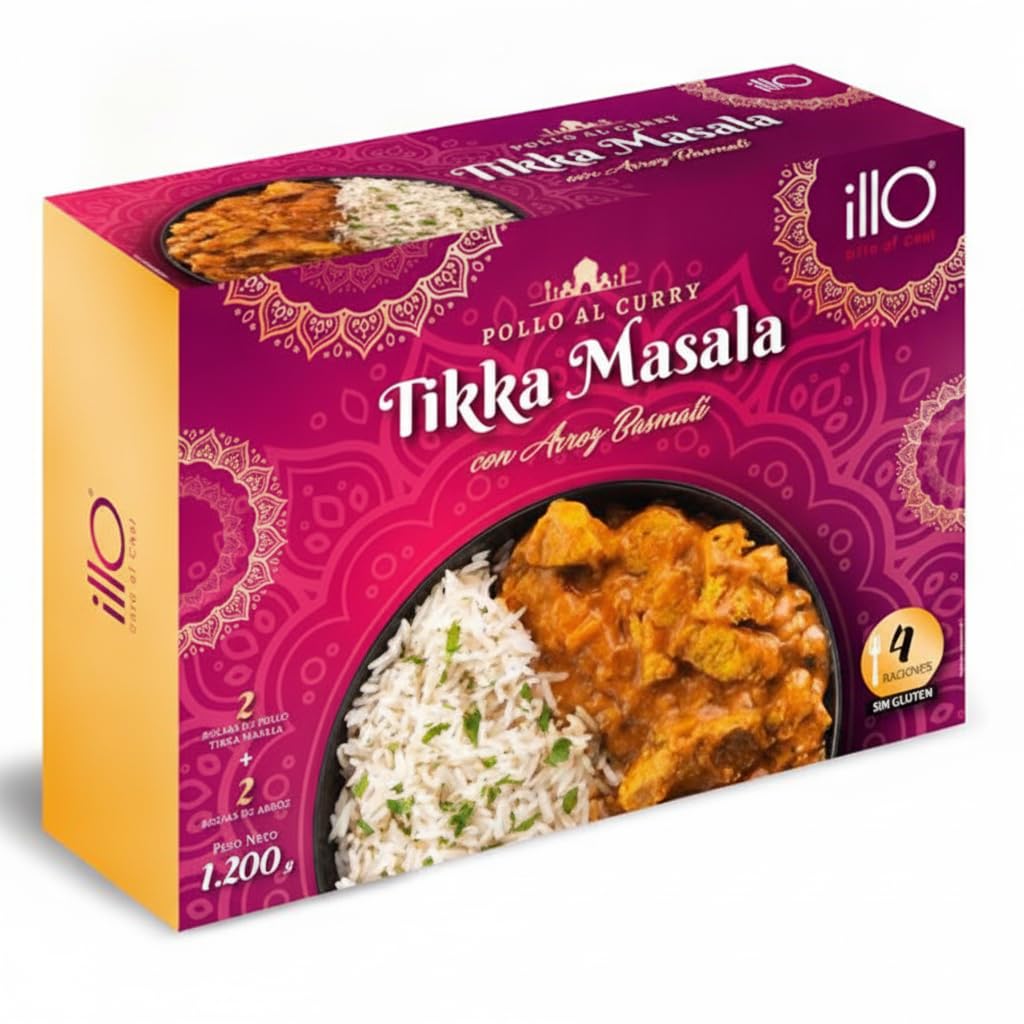 Pollo al Curry Tikka Masala con Arroz Basmati - Plato Preparado Gourmet Sin Gluten - Formato Familiar 4 Raciones (1,2kg) - Comida Preparada Lista en 5 Minutos - NEXU