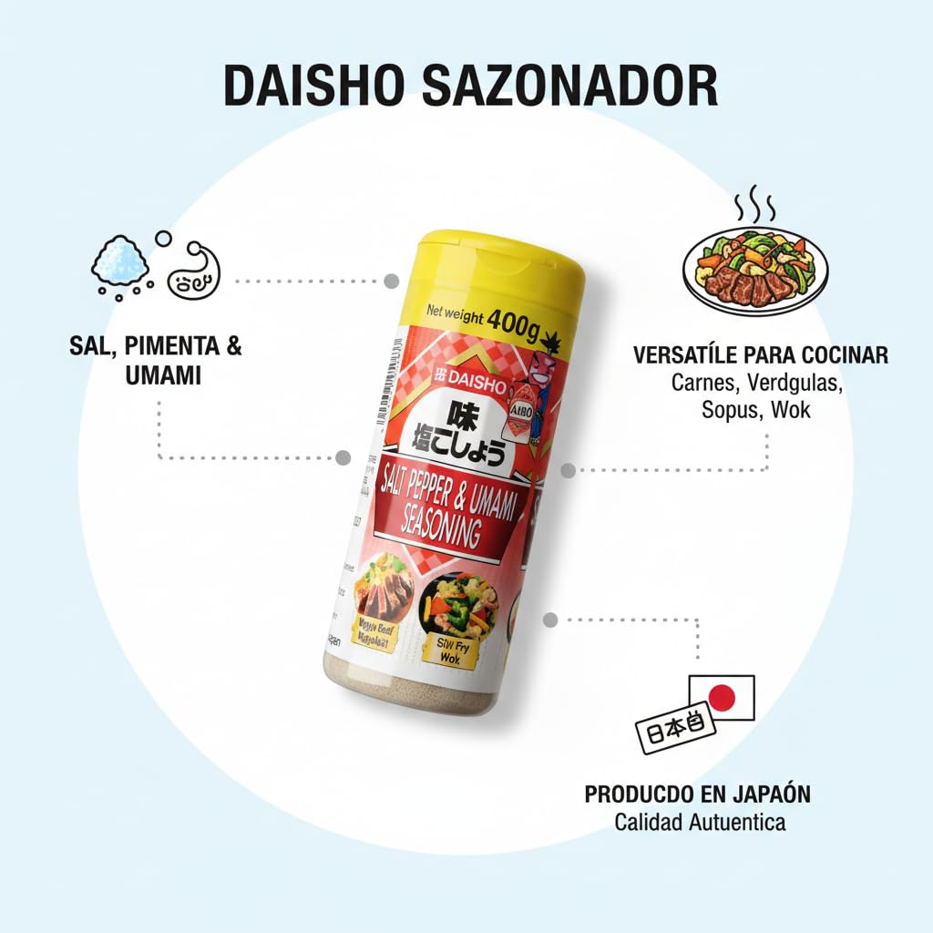 Daisho Sazonador Japonés de Sal, Pimienta y Umami 400g - Condimento Profesional para Carne, Wagyu, Salteados al Wok y Barbacoa - Potenciador de Sabor Auténtico de Japón