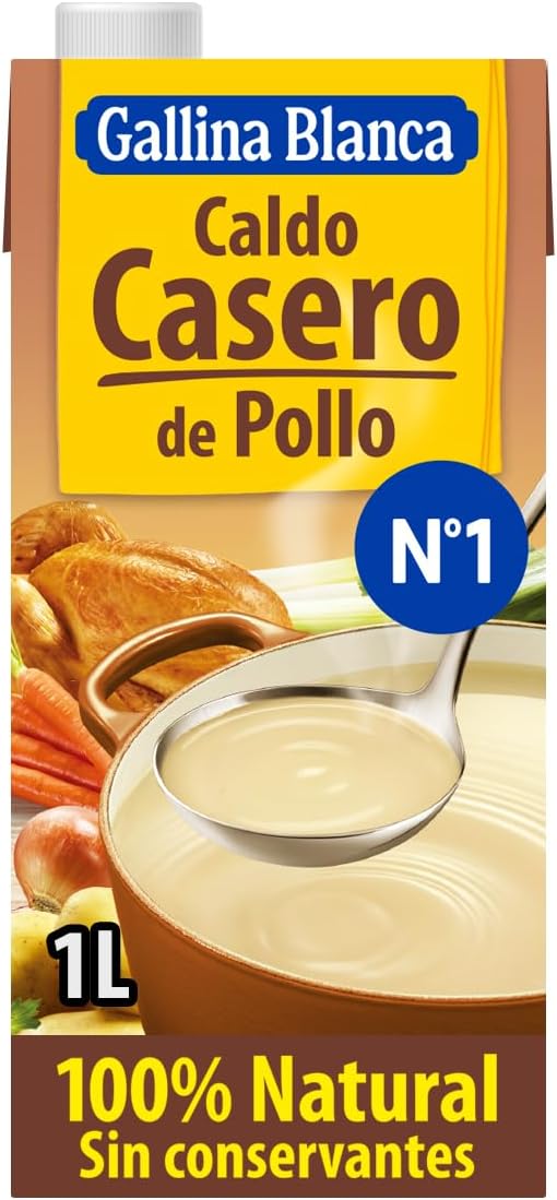 GALLINA BLANCA Caldo Casero de Pollo 100% Natural | Elaborado con Pollo Fresco y Verduras de la Huerta, Cocinado a Fuego Lento Durante 3h. Sin Gluten, Sin Conservantes, Bajo en Grasa - 1L