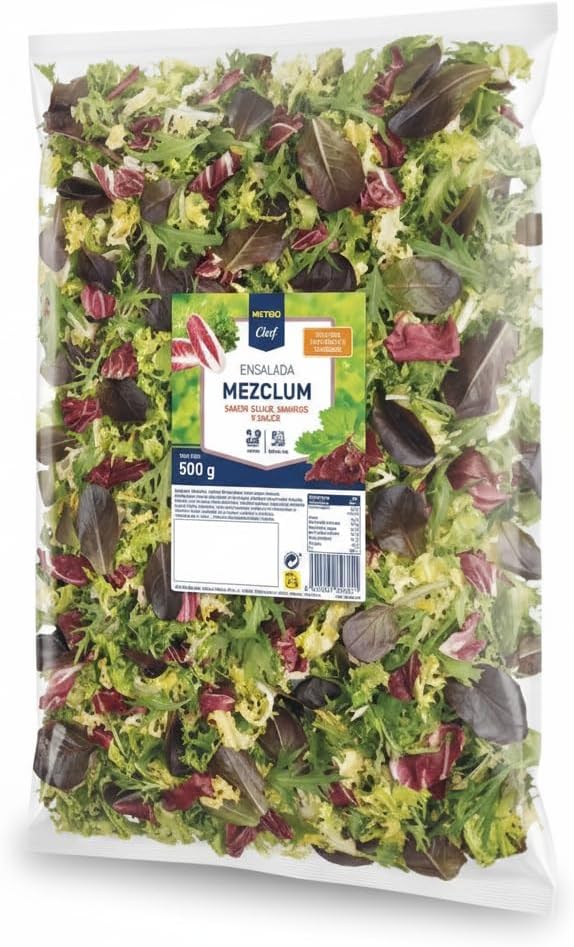 Ensalada Mezclum 500g - Mezcla de Escarola Rizada, Brotes de Lechuga Roja, Radicchio y Mizuna - Lavada y Lista para Consumir - Metro - Ideal para Hostelería y Familias - Fresca y Crujiente - NEXU