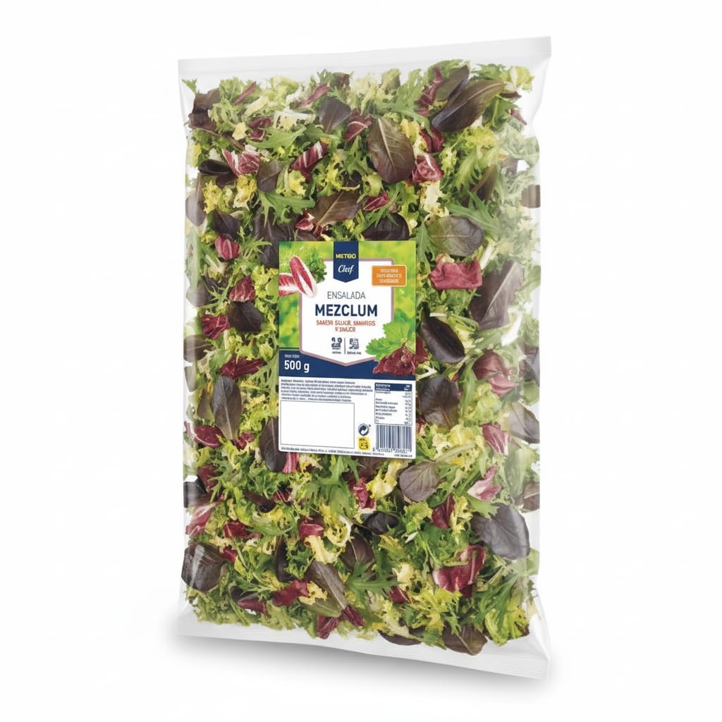 Ensalada Mezclum 500g - Mezcla de Escarola Rizada, Brotes de Lechuga Roja, Radicchio y Mizuna - Lavada y Lista para Consumir - Metro - Ideal para Hostelería y Familias - Fresca y Crujiente - NEXU