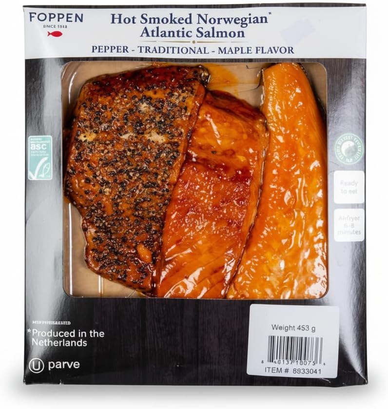 Salmón Atlántico Noruego Ahumado en Caliente - Pack Variedad 3 Sabores: Tradicional, Pimienta y Arce - 453g - Foppen - Certificado ASC - Sin Antibióticos - Rico en Proteína y Omega-3 - NEXU