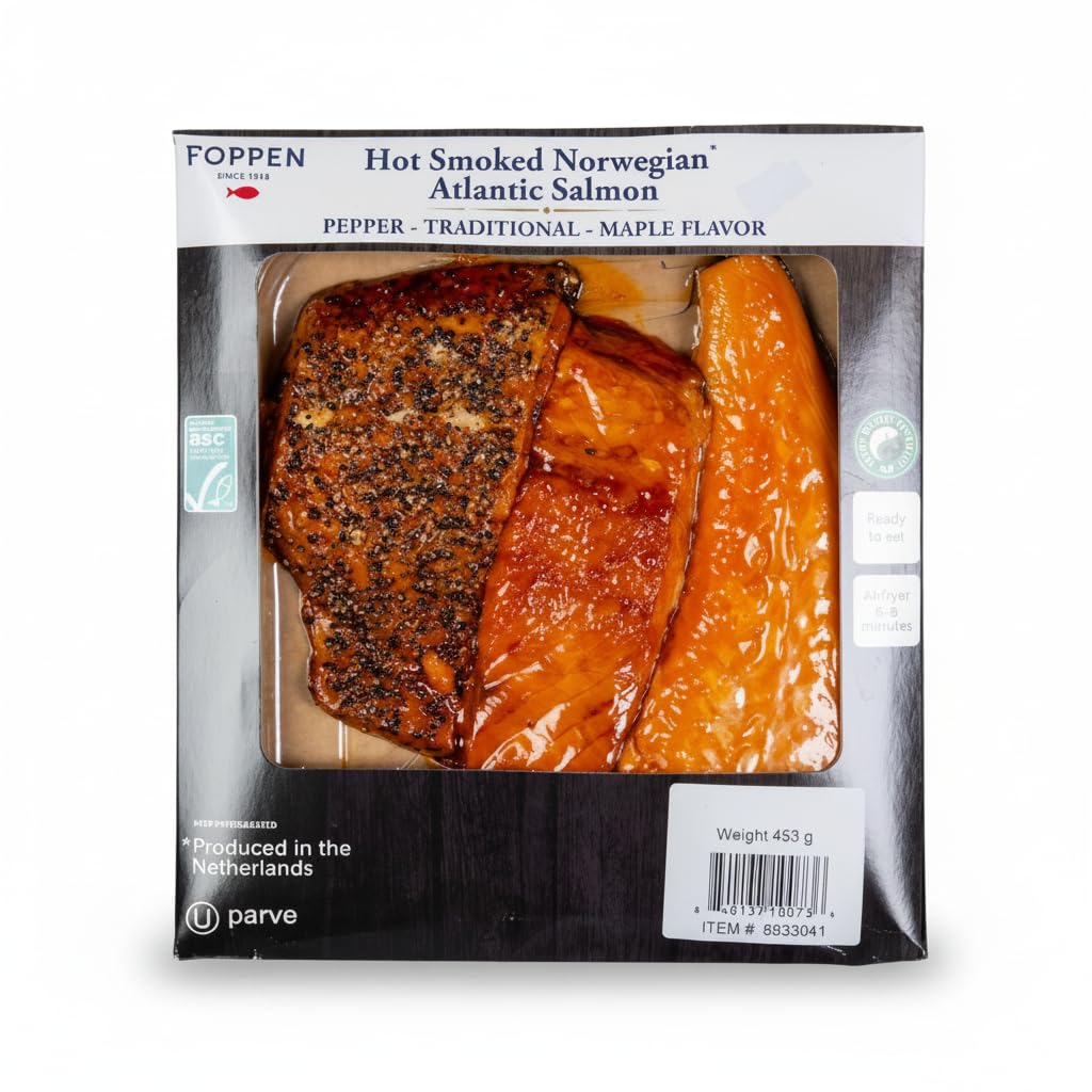 Salmón Atlántico Noruego Ahumado en Caliente - Pack Variedad 3 Sabores: Tradicional, Pimienta y Arce - 453g - Foppen - Certificado ASC - Sin Antibióticos - Rico en Proteína y Omega-3 - NEXU