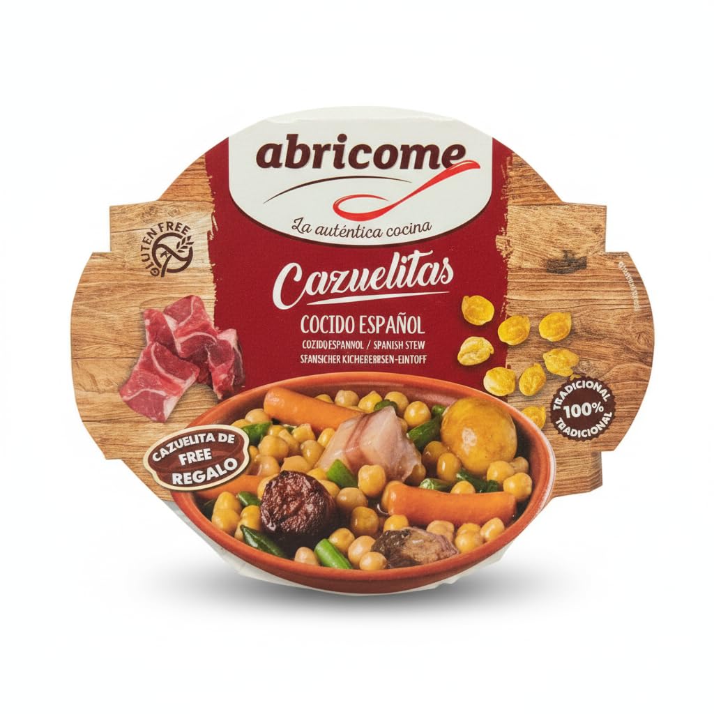 Cocido Español - Plato Preparado Tradicional 415g con Carne de Vacuno y Garbanzos - Sin Gluten - Incluye Cazuelita de Barro de Regalo - Receta Casera Lista en 2 Minutos - NEXU