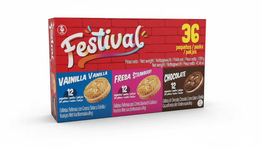 Noel Festival Surtido de Galletas Rellenas tipo Sándwich - 36 Paquetes Individuales (144 Galletas) - Sabores Vainilla, Fresa y Chocolate, 1209g - Snack Ideal para Merienda y Niños