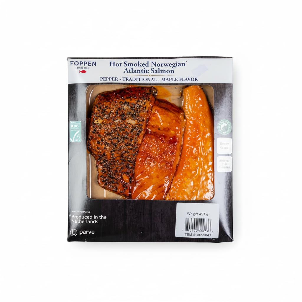 Salmón Atlántico Noruego Ahumado en Caliente - Pack Variedad 3 Sabores: Tradicional, Pimienta y Arce - 453g - Foppen - Certificado ASC - Sin Antibióticos - Rico en Proteína y Omega-3 - NEXU