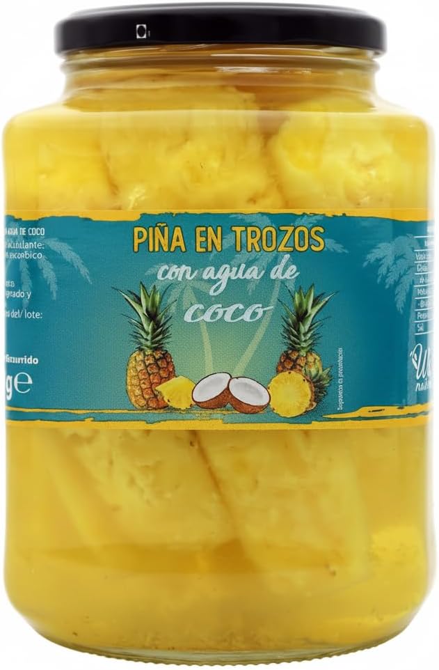 Piña en Trozos con Agua de Coco 1190g - Snack Saludable 100% Natural sin Azúcares Añadidos - Fruta en Tarro de Cristal - We Natural - Ideal para Deportistas y Ensaladas - 69 kcal por 100g - NEXU