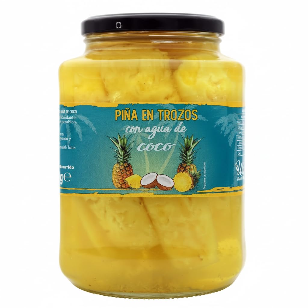 Piña en Trozos con Agua de Coco 1190g - Snack Saludable 100% Natural sin Azúcares Añadidos - Fruta en Tarro de Cristal - We Natural - Ideal para Deportistas y Ensaladas - 69 kcal por 100g - NEXU