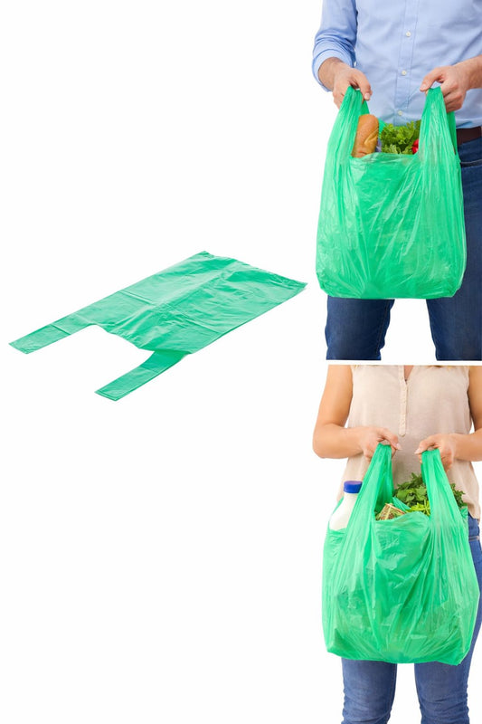 Bolsas plástico. Bolsas asas plástico. Bolsa Camiseta 70% reciclado 50 micras VERDES. Bolsa con asas. Paquete de 1 Kilo. (35x50 cm)