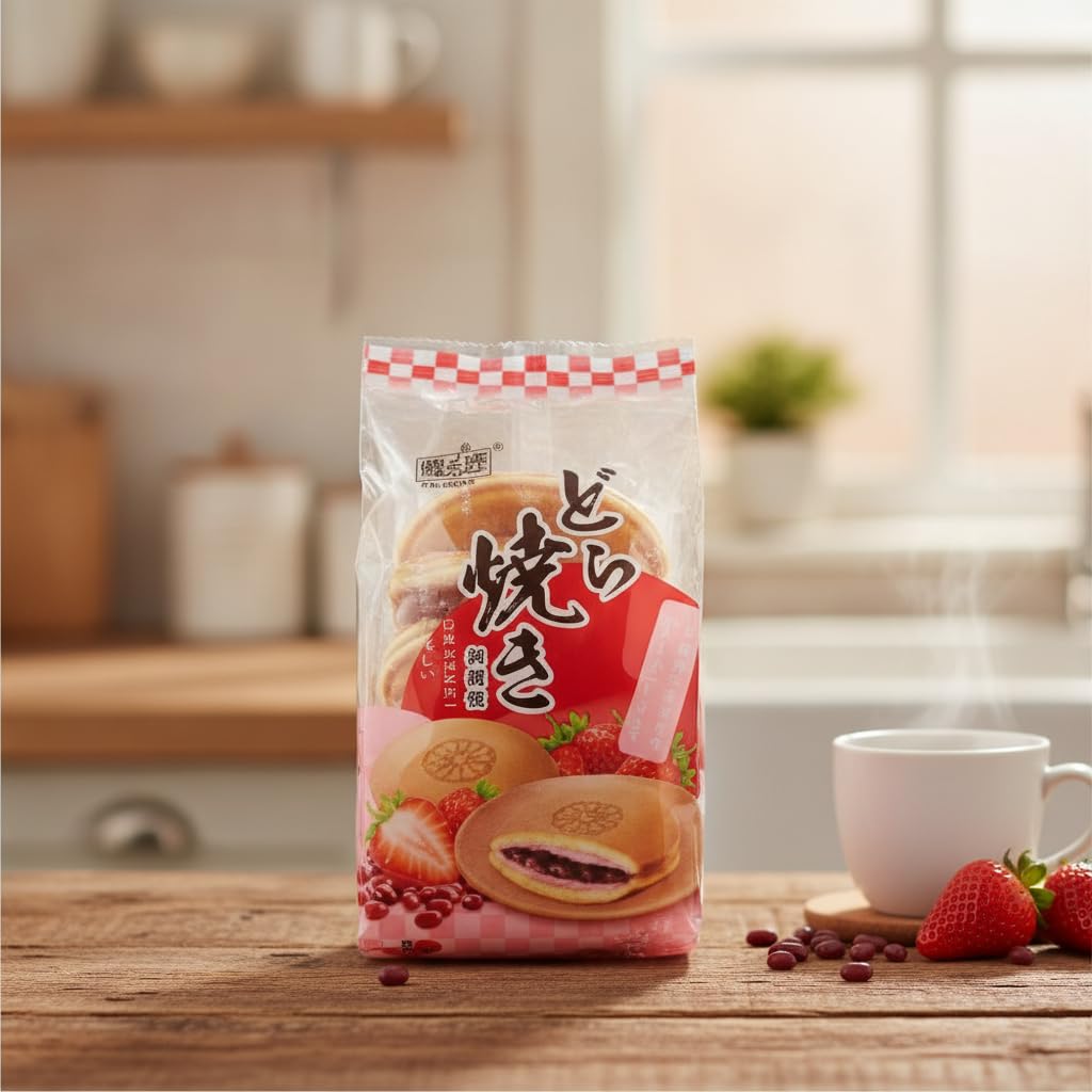 Dorayaki - Pastelitos Japoneses con Relleno de Fresa, Soja Roja y Leche - Dulce Tradicional Esponjoso - Snack de Repostería Asiática - Bolsa de 165g - NEXU