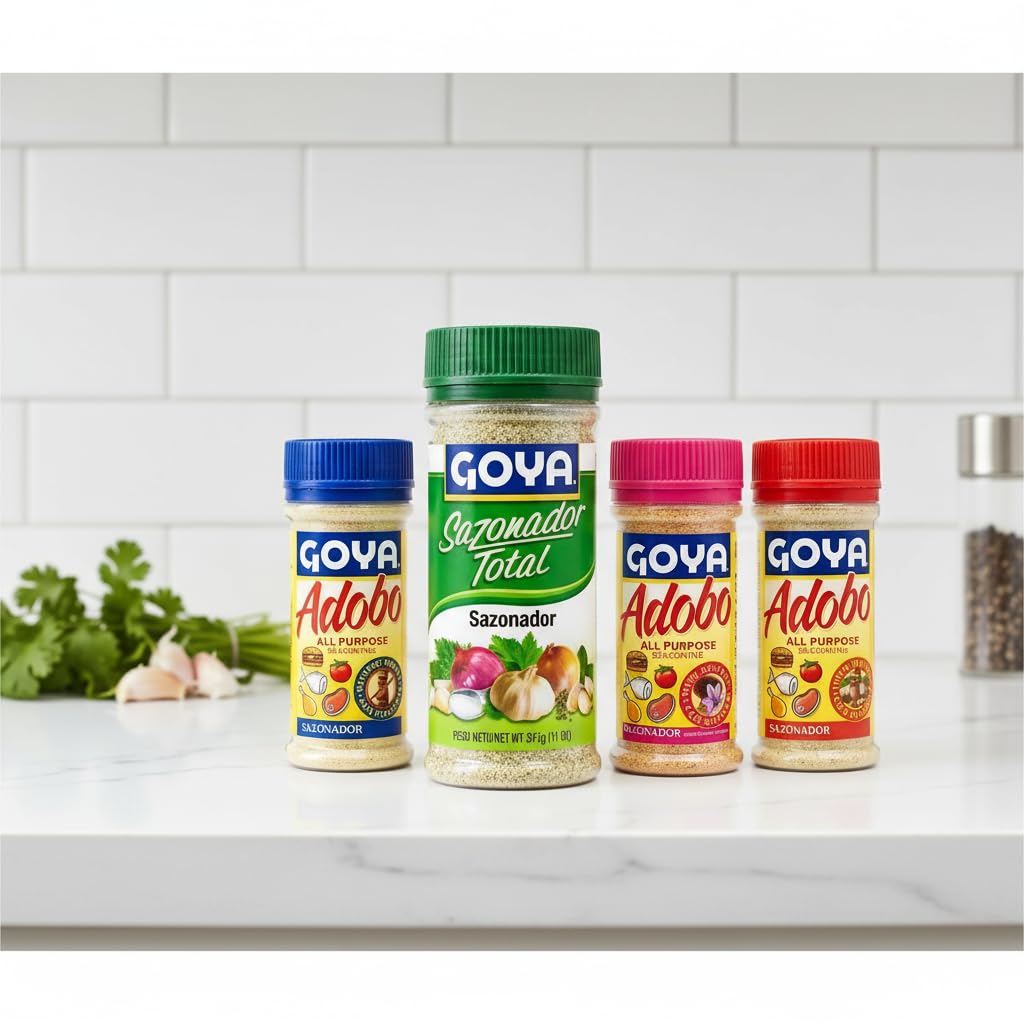 Pack de Sazonadores - Kit de 4 Condimentos: Adobo (Pimienta, Sin Pimienta, Azafrán 226g) y Sazonador Total 312g - Sabor Latino Auténtico para Carnes y Vegetales - Goya - Pack Familiar 11 oz - NEXU
