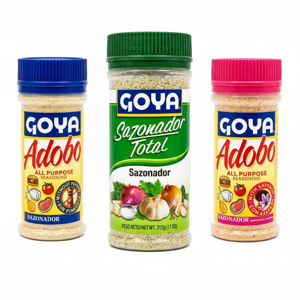 3 Pack de Sazonadores Variados - Sazonador Total (312g), Adobo Sin Pimienta (226g) y Adobo Con Azafrán (226g) - Goya Kit de Condimentos de para Cocina Latina - NEXU