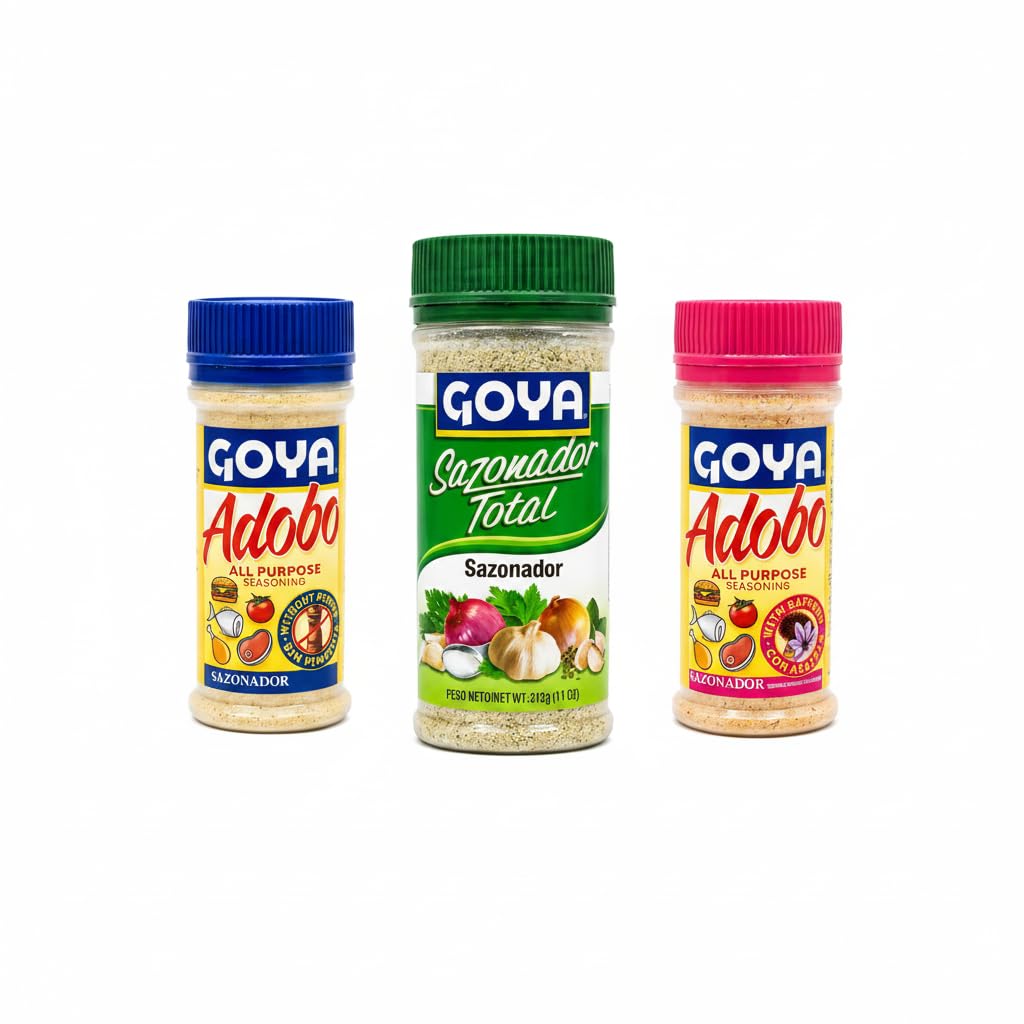 3 Pack de Sazonadores Variados - Sazonador Total (312g), Adobo Sin Pimienta (226g) y Adobo Con Azafrán (226g) - Goya Kit de Condimentos de para Cocina Latina - NEXU