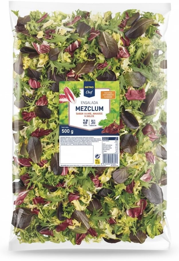 Ensalada Mezclum 500g - Mezcla de Escarola Rizada, Brotes de Lechuga Roja, Radicchio y Mizuna - Lavada y Lista para Consumir - Metro - Ideal para Hostelería y Familias - Fresca y Crujiente - NEXU