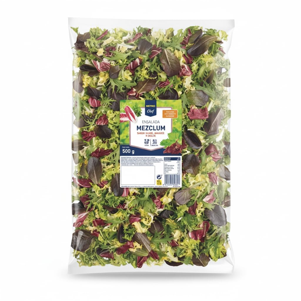 Ensalada Mezclum 500g - Mezcla de Escarola Rizada, Brotes de Lechuga Roja, Radicchio y Mizuna - Lavada y Lista para Consumir - Metro - Ideal para Hostelería y Familias - Fresca y Crujiente - NEXU