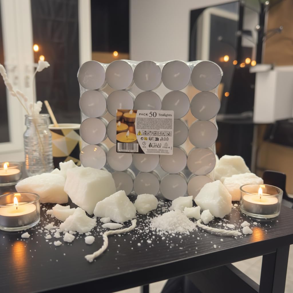 VELAS Lumar Pack de 50 Velas de Té (Tealights) de Larga Duración (4 Horas), Velas Pequeñas de Parafina para Decoración, Iluminación de Eventos y Quemadores de Esencia, Fabricado en España