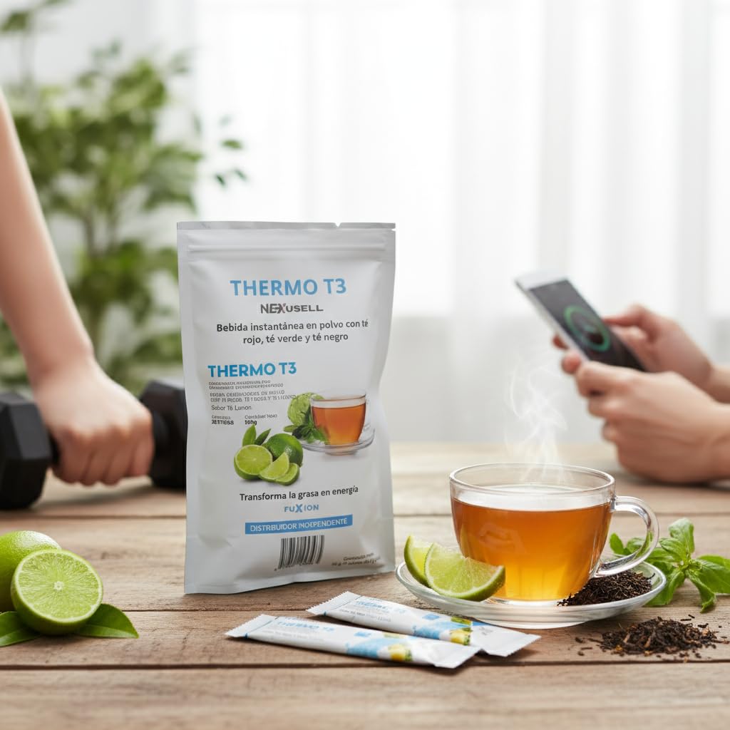 FUXION - Thermo T3 – Té Termogénico Sabor Limón con Mix de 3 Tés (Verde, Rojo y Negro), L-Carnitina y Extractos Naturales | Control de Peso y Energía | 7UND