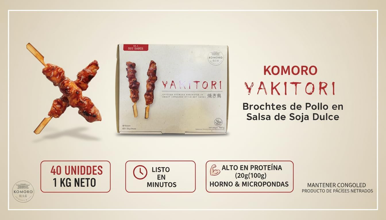 Komoro Oriental Bites - Yakitori de Pollo Marinado en Salsa de Soja Dulce Estilo Japonés, 40 Brochetas de 25g (1kg), Envío Refrigerado con Cadena de Frío Garantizada, Certificado Halal