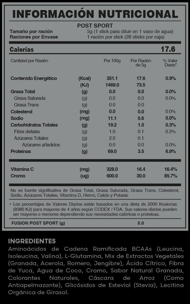 FUXION - POST SPORT – TÉ Bebida Deportiva con BCAAs, Glutamina y Agua de Coco | Recuperación Muscular Despues Entrenamiento | 1 CAJA CON 28 Sobres x 5g | Reposición de Electrolitos
