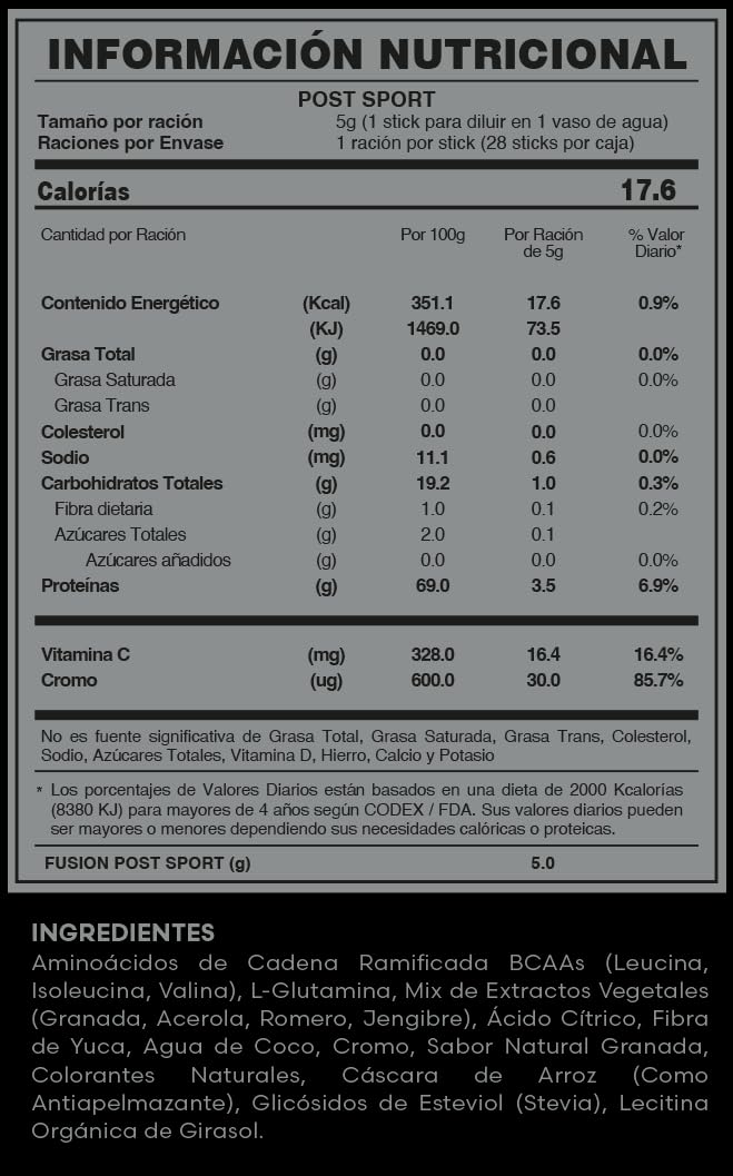 FUXION - POST SPORT – TÉ Bebida Deportiva con BCAAs, Glutamina y Agua de Coco | Recuperación Muscular Despues Entrenamiento | 1 CAJA CON 28 Sobres x 5g | Reposición de Electrolitos