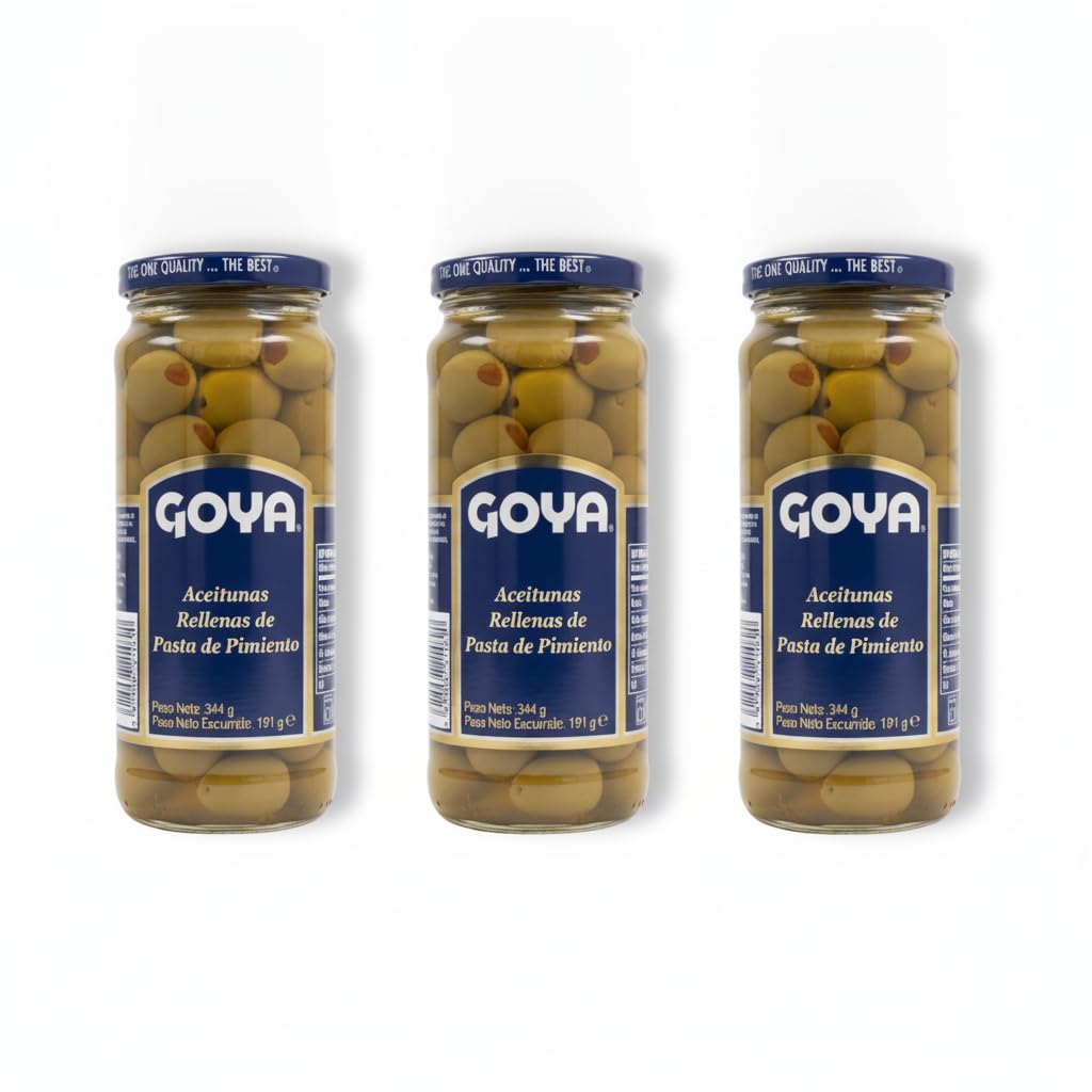 Aceitunas Manzanilla Rellenas de Pasta de Pimiento- Pack de 3uds - Aperitivo Tradicional Elaborado en España - Formato Frasco de Vidrio, 344g (Peso Escurrido 191g) - 1032g Total - NEXU