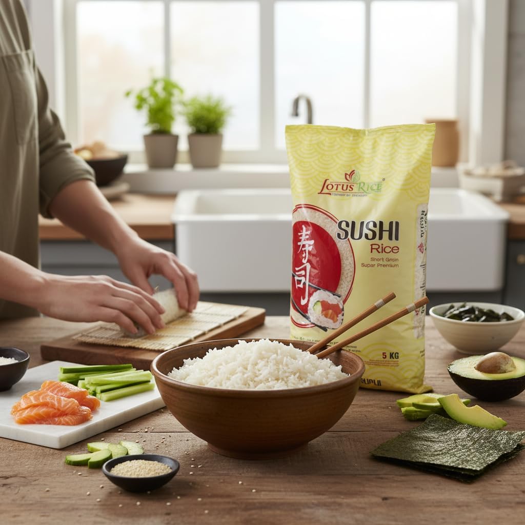 Arroz para Sushi Lotus Rice Grano Corto Premium 5kg - Arroz Japonés Superior para Sushi, Maki y Nigiri - Textura Tierna y Sabor Dulce Natural