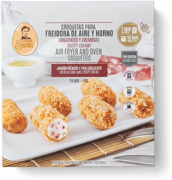 Croquetas de Jamón Ibérico Sin Gluten - Para Freidora de Aire y Horno - Rebozado Extra Crujiente y Relleno Cremoso - La Cocina de Senén - 750g (24uds Aprox.) - Cocinado Rápido en 7-10 Minutos - NEXU