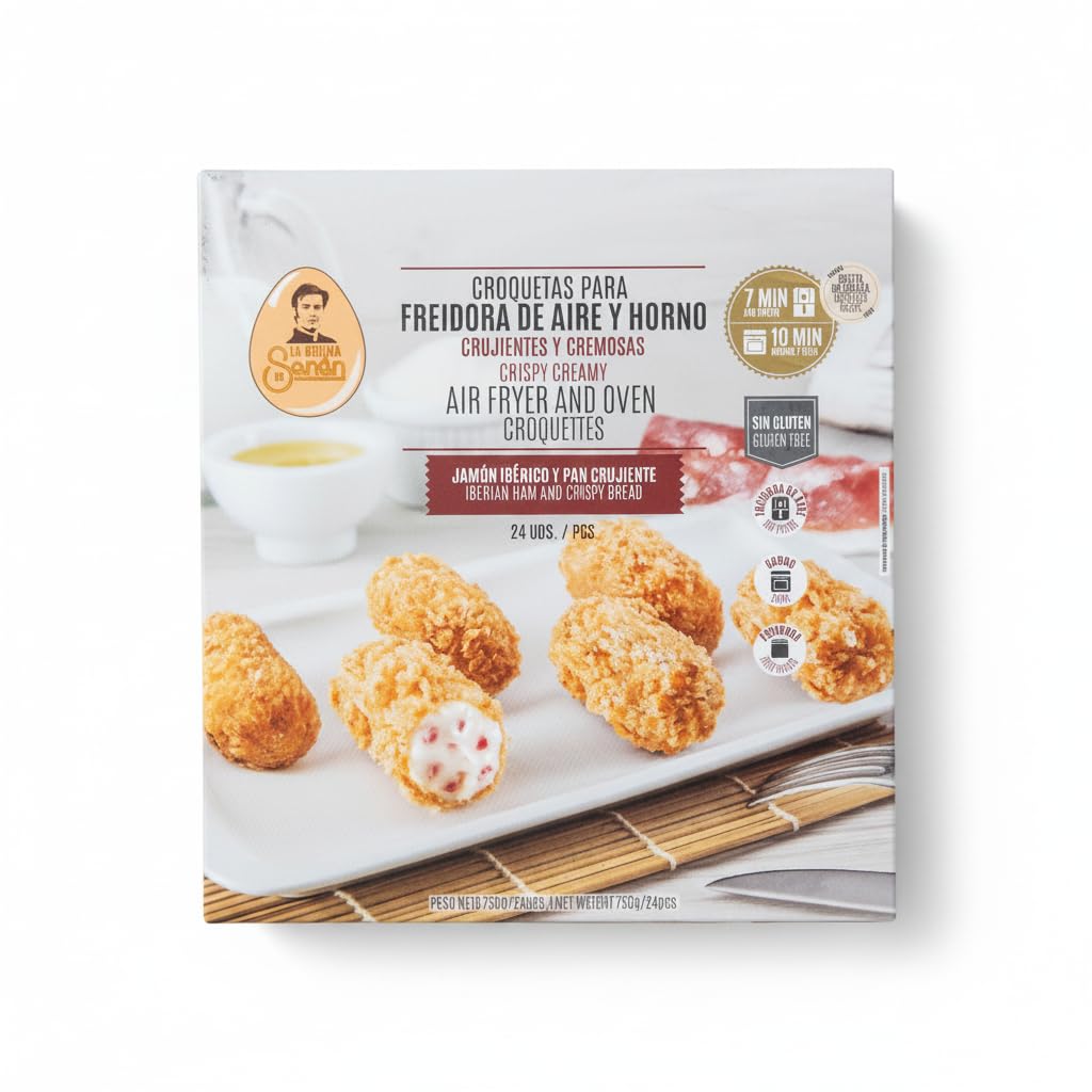 Croquetas de Jamón Ibérico Sin Gluten - Para Freidora de Aire y Horno - Rebozado Extra Crujiente y Relleno Cremoso - La Cocina de Senén - 750g (24uds Aprox.) - Cocinado Rápido en 7-10 Minutos - NEXU