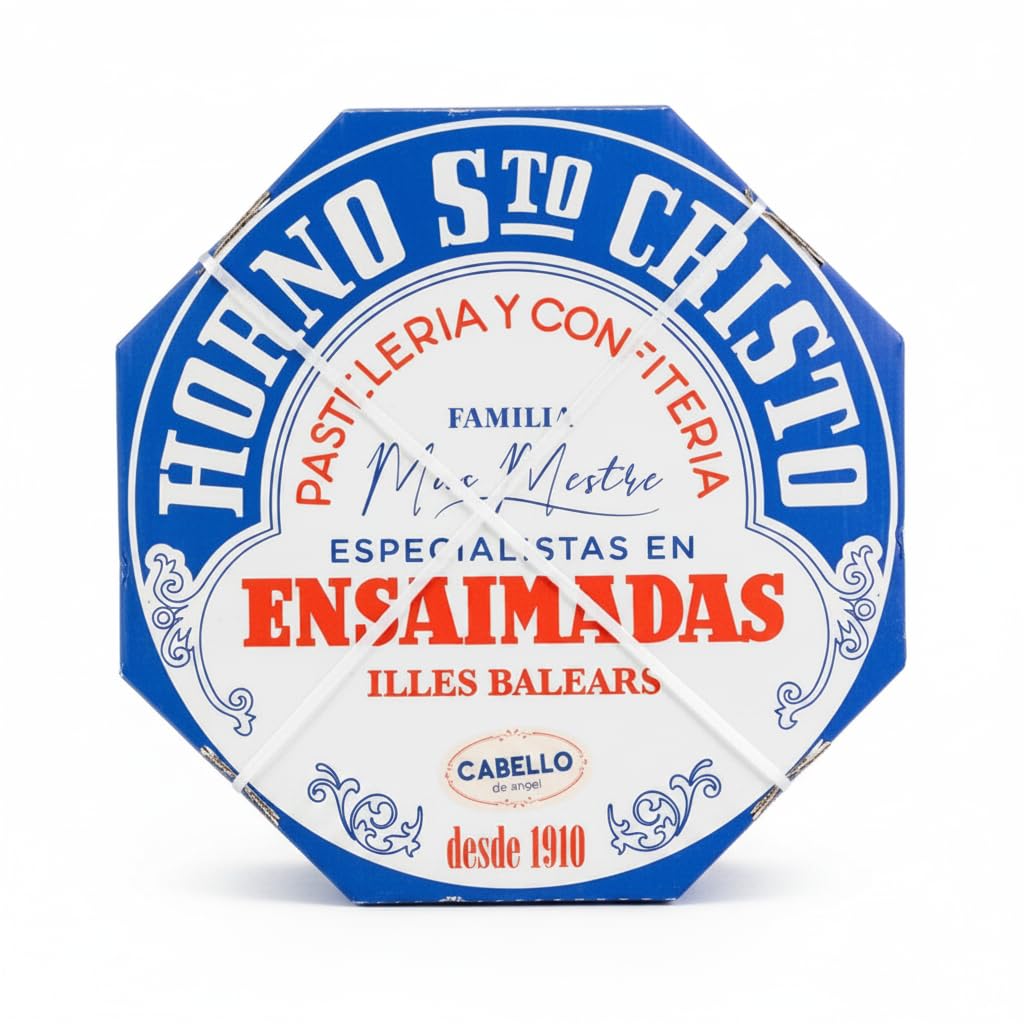 Ensaimada de Cabello de Ángel 650g - Dulce Típico Mallorquín Elaborado de Forma Artesanal desde 1910 - Horno Santo Cristo - Repostería en Caja Octogonal de Regalo - NEXU