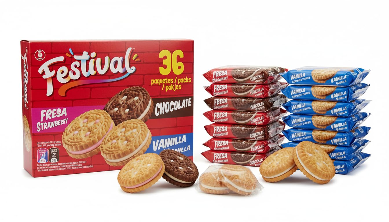 Noel Festival Surtido de Galletas Rellenas tipo Sándwich - 36 Paquetes Individuales (144 Galletas) - Sabores Vainilla, Fresa y Chocolate, 1209g - Snack Ideal para Merienda y Niños