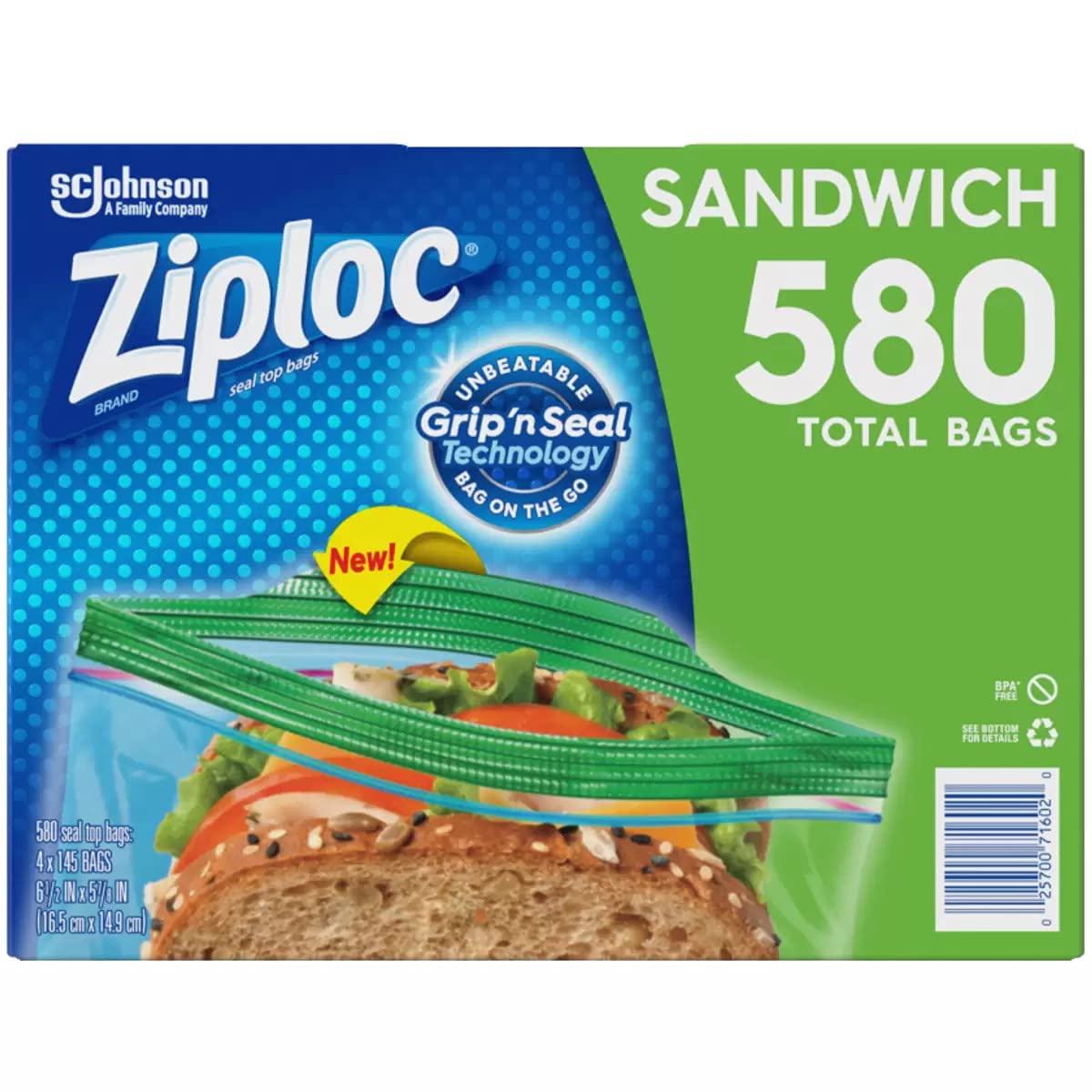 Ziploc Easy Open Tabs Bolsas para sándwich 580, 145 unidades (Paquete de 4)