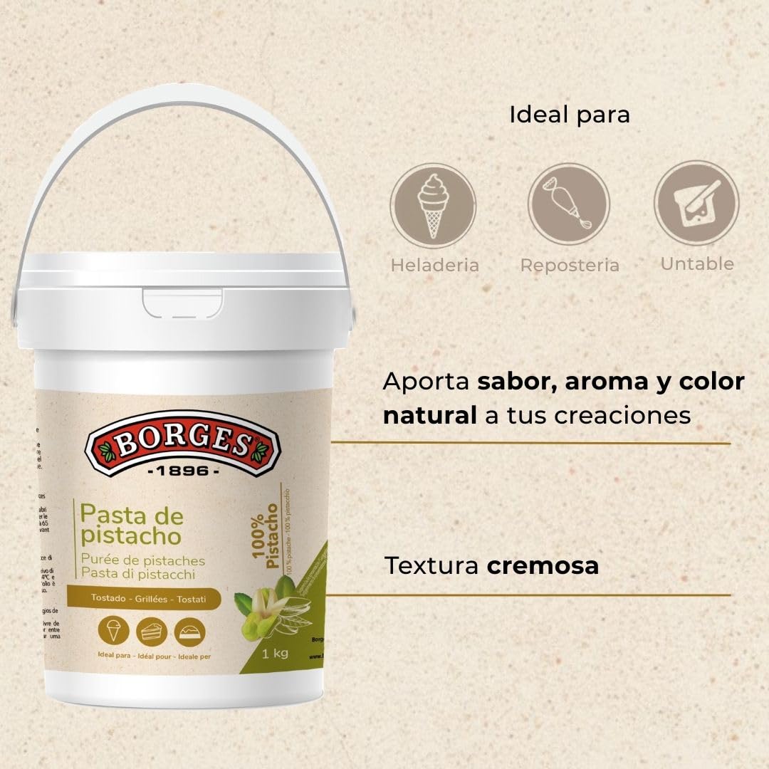Borges Professional - Pasta de Pistacho 100% 1kg - Pistacho Tostado Puro, Sin Azúcares Añadidos, Ideal para Repostería, Heladería y Uso Cotidiano en Casa