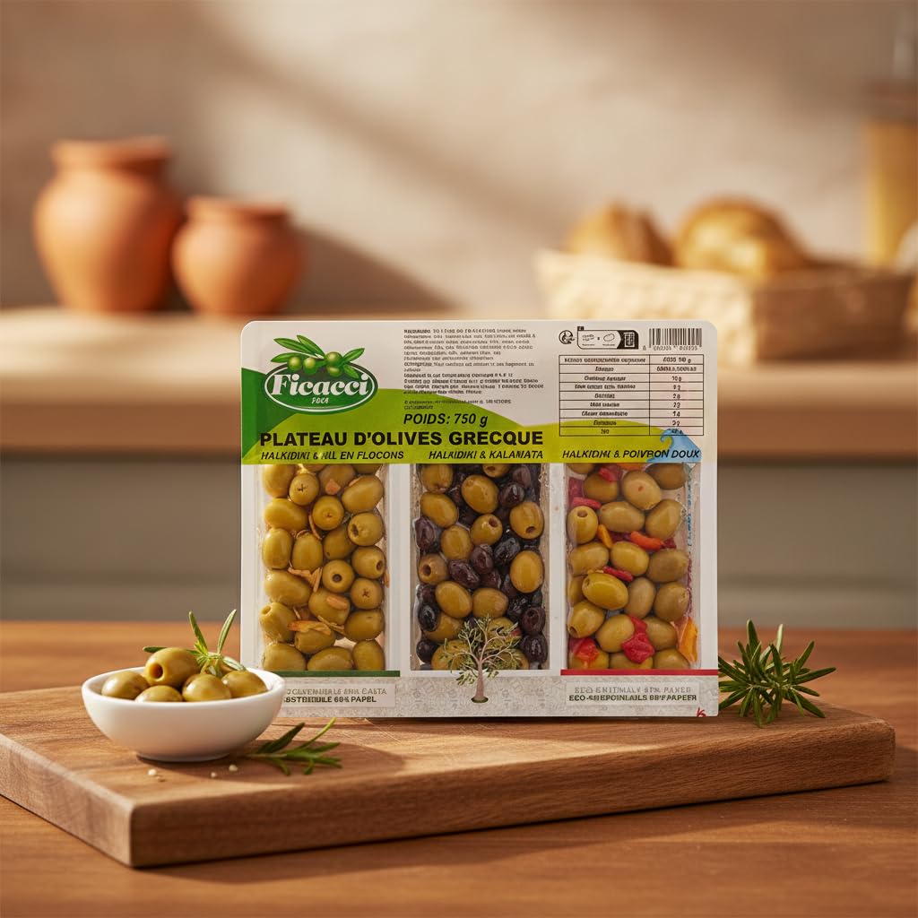 Bandeja de Aceitunas Griegas Deshuesadas 750g - Surtido 3 Variedades: Halkidiki y Kalamata con Ajo y Pimiento Dulce - Aperitivo para Eventos y Reuniones - Envase Sostenible de Papel - NEXU