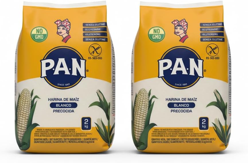 Harina de Maíz Blanco Precocida P,A,N, 100% Puro Maíz Natural, Sin Gluten, Pack de 2 Paquetes de 2kg (Total 4kg) - Ideal para Arepas, Tortillas, Empanadas y Recetas Tradicionales