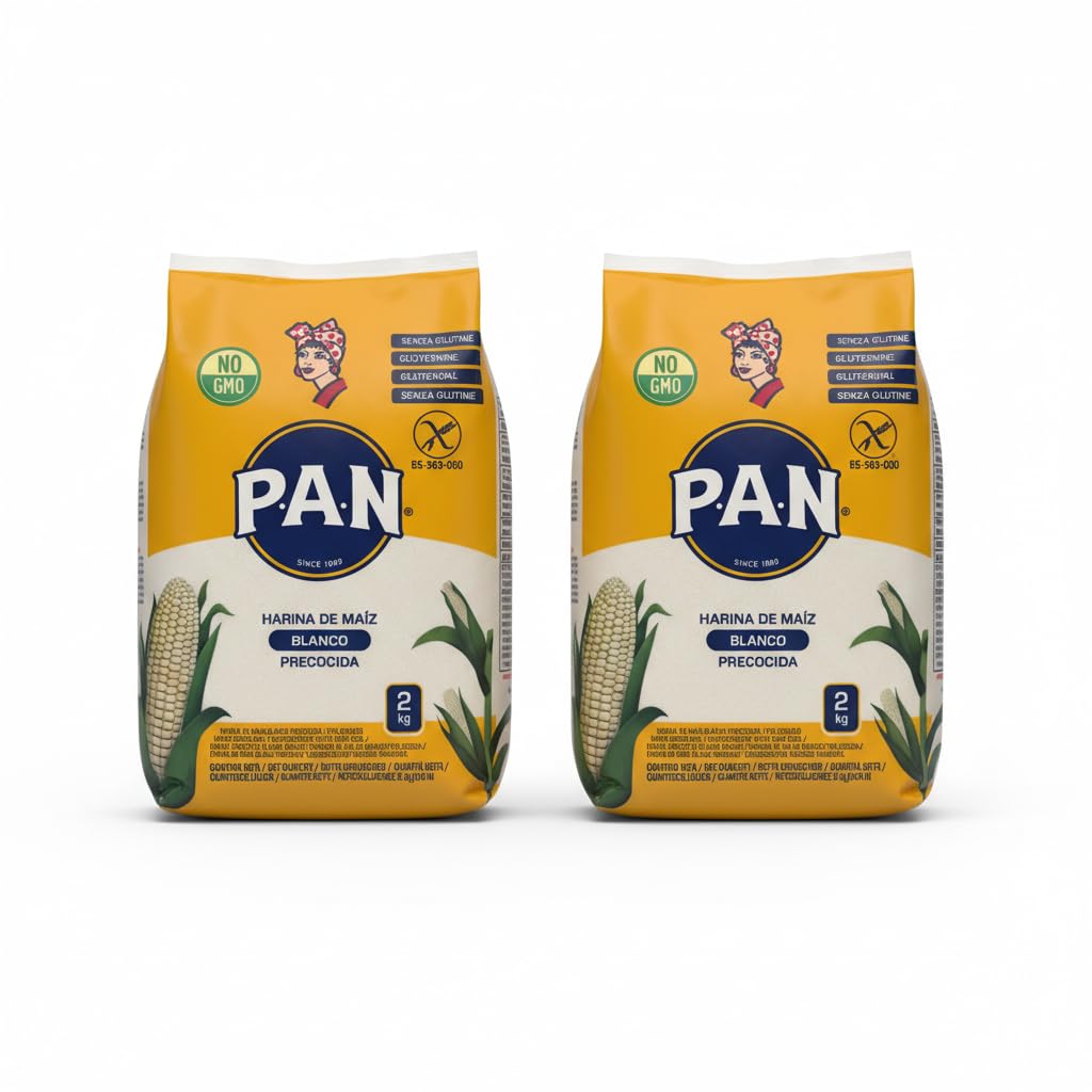 Harina de Maíz Blanco Precocida P,A,N, 100% Puro Maíz Natural, Sin Gluten, Pack de 2 Paquetes de 2kg (Total 4kg) - Ideal para Arepas, Tortillas, Empanadas y Recetas Tradicionales