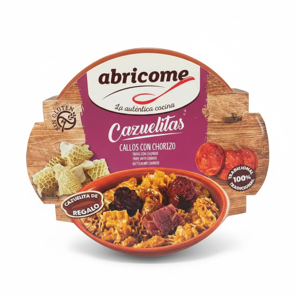 abricome Cazuelitas de Callos con Chorizo y Jamón Serrano - Receta Tradicional Española Sin Gluten - Plato Preparado Listo en 3 Minutos - Envase con Cazuela Incluida - 415g
