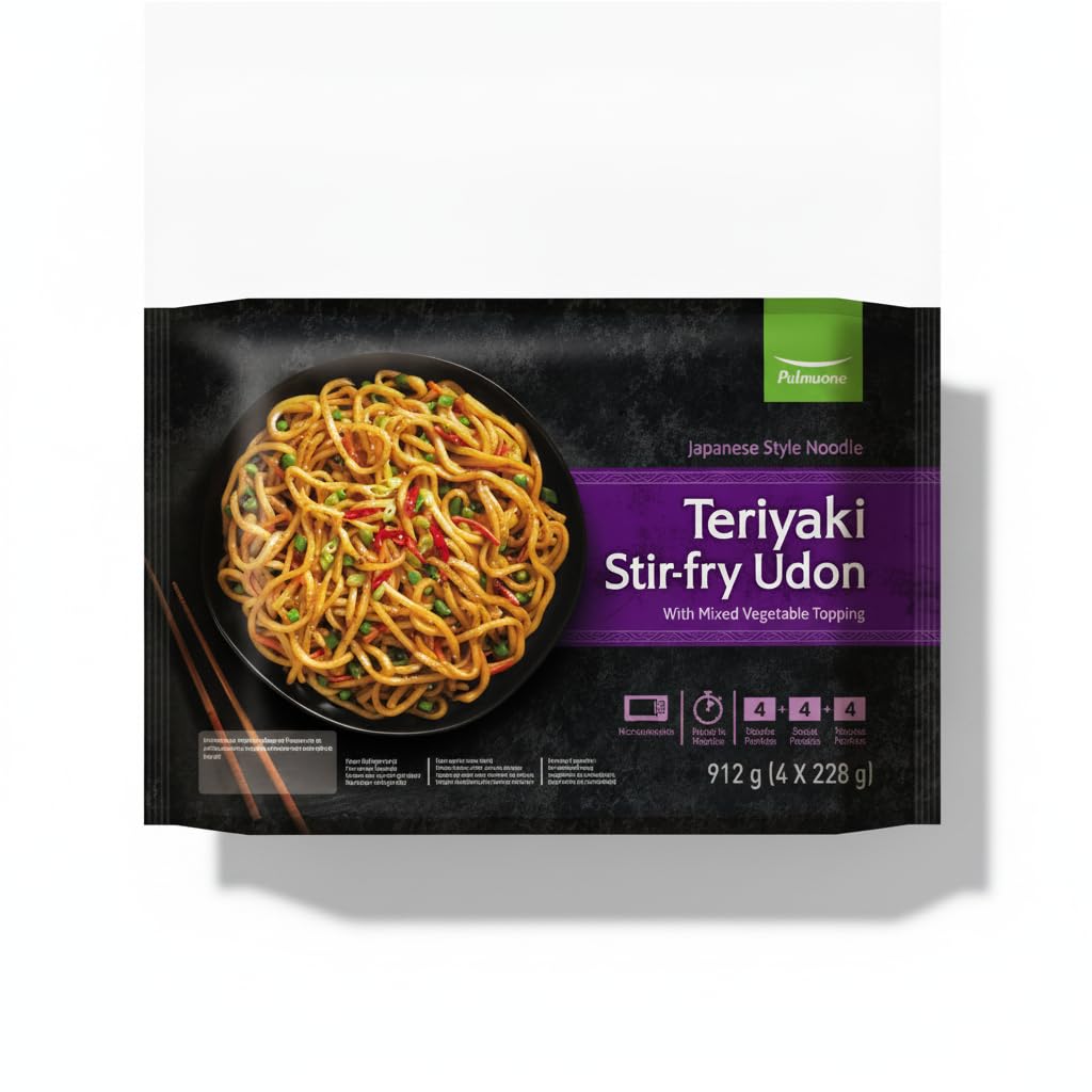 Teriyaki Stir-fry Udon - 1 Pack de 4 Raciones (912g) Total - Fideos Estilo Japonés Listos en Minutos - Pasta Asiática con Salsa Teriyaki y Verduras - Pulmuone - Apto para Microondas - NEXU
