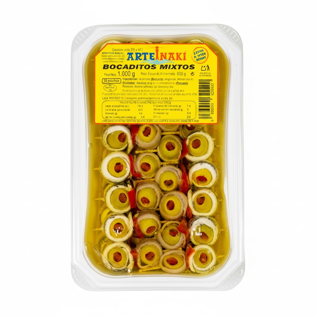 30 Bocaditos Mixtos - Pinchos Artesanales de Aceituna, Boquerón y Anchoa con Pimiento - Aperitivo Gourmet para Hostelería y Eventos - ArteInaki -1kg (600g Escurrido) - NEXU