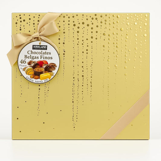 Chocolates Belgas de Lujo Signature | Caja Surtida con 46 Piezas | Chocolate Negro, con Leche y Blanco | Pralinés Rellenos con Avellana, Caramelo y Ganache | Ideal para Regalo (46 Piezas, DORADO)