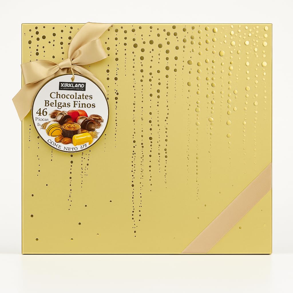 Chocolates Belgas de Lujo Signature | Caja Surtida con 46 Piezas | Chocolate Negro, con Leche y Blanco | Pralinés Rellenos con Avellana, Caramelo y Ganache | Ideal para Regalo (46 Piezas, DORADO)