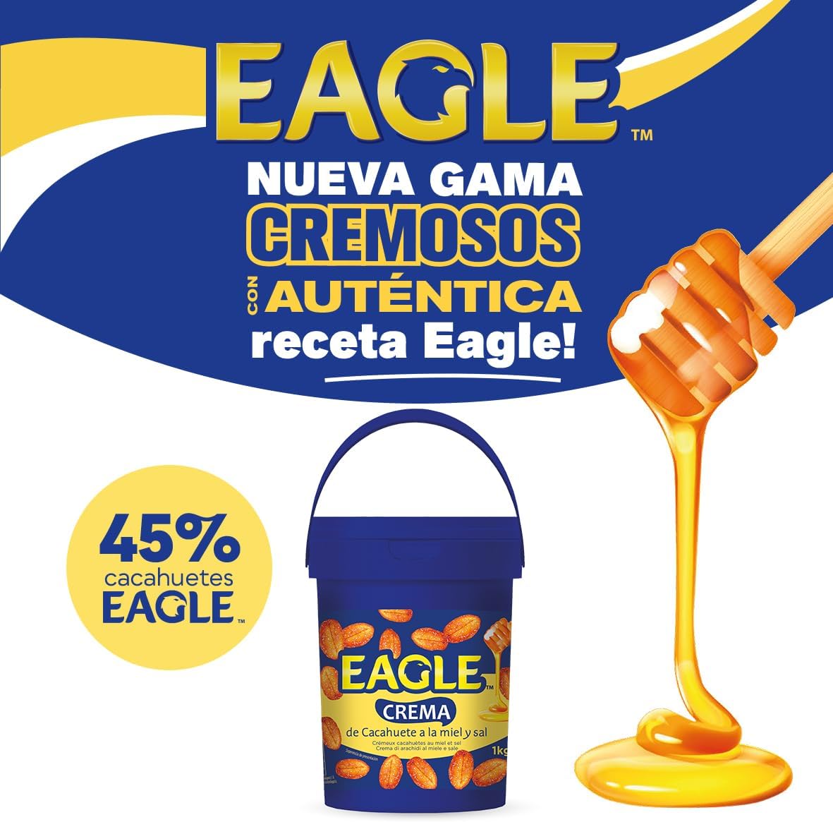 Eagle | Crema de Cacahuete Frita con Miel y Sal 1kg | Sin Gluten, Sin Lactosa, Vegetariana, Cremosa Untable, Sin Aceite de Palma, Ideal para Desayunos y Meriendas