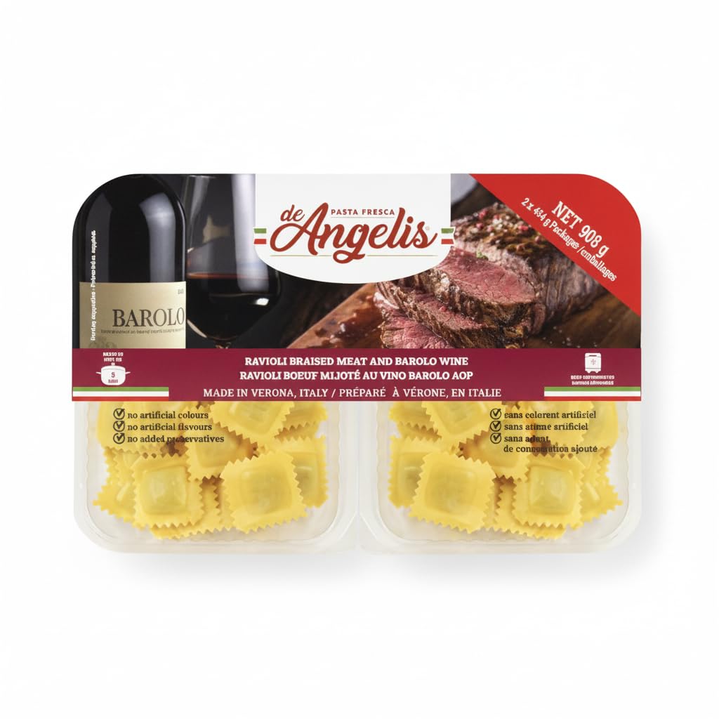 Ravioli de Pasta Fresca al Huevo con Relleno de Carne de Vacuno Estofada y Vino Barolo DOP - Pack Ahorro 908g (2x454g) - Pasta Italiana de Verona Lista en 5 Minutos - NEXU