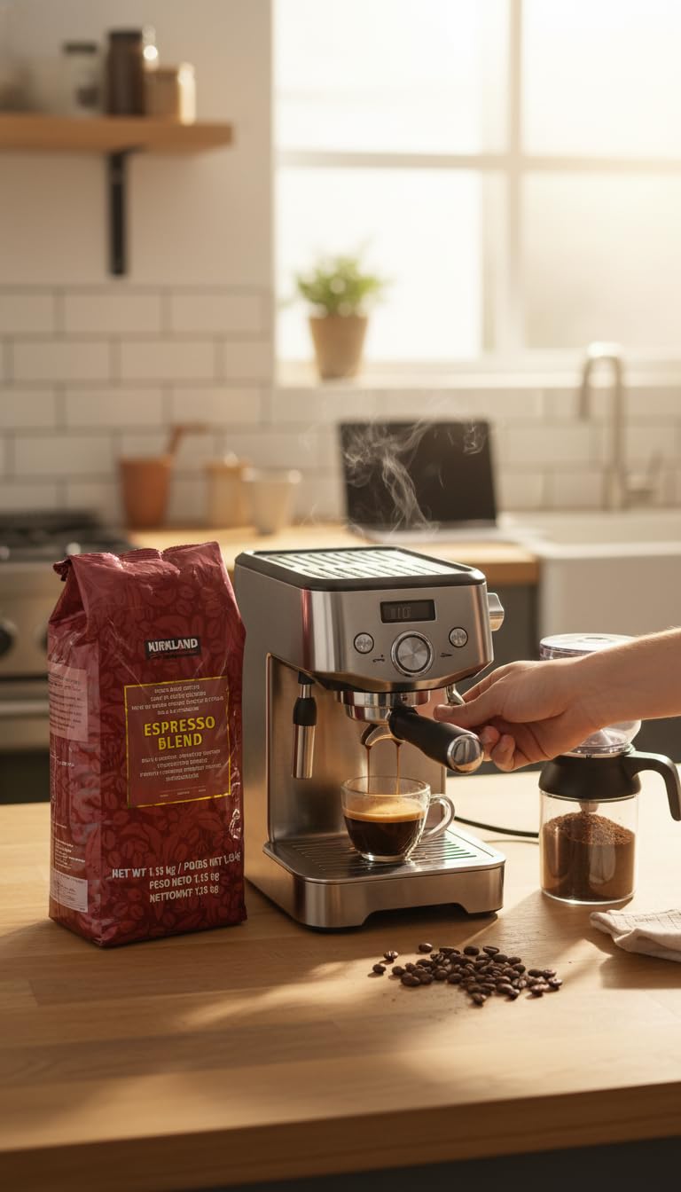 Café Espresso Blend - Kirklan en Grano Entero 1,13 kg, 100% Arábica, Tueste Natural Oscuro, Sabor Fuerte e Intenso, Ideal para Cafeteras Espresso y Automáticas