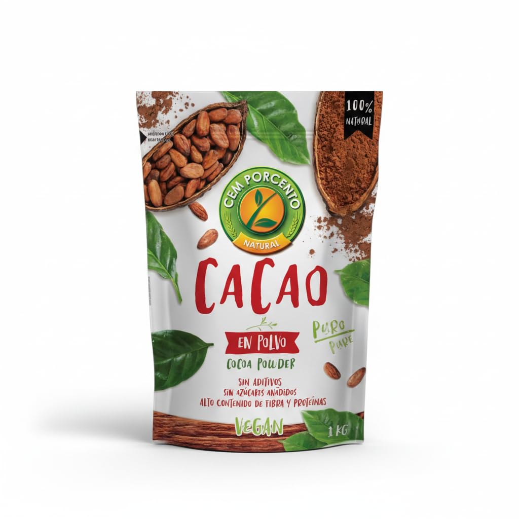 Cacao en Polvo 100% Puro y Natural - 1kg de Cacao Sin Azúcar Añadido, Alto en Fibra y Proteína, Vegano - Cem Porcento - Ideal para Repostería, Batidos y Chocolate a la Taza - NEXU