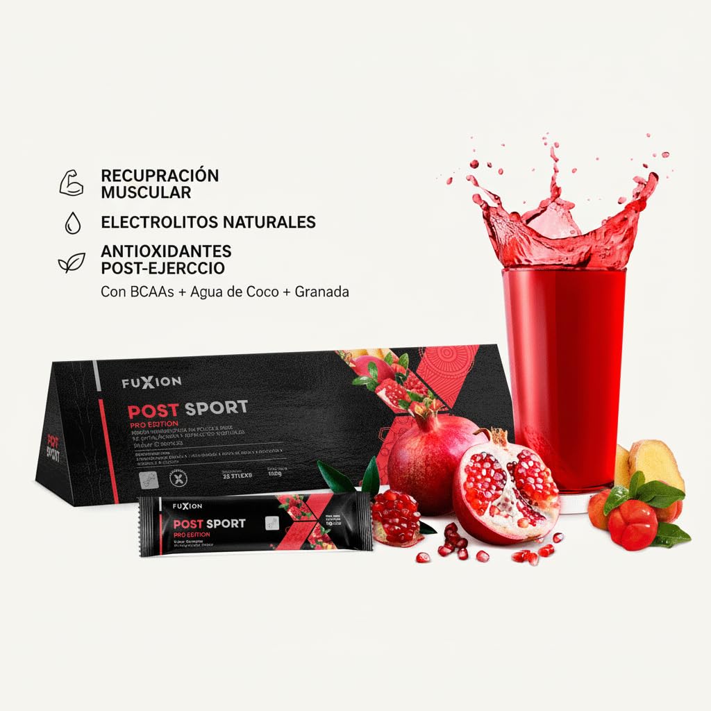 FUXION - POST SPORT – TÉ Bebida Deportiva con BCAAs, Glutamina y Agua de Coco | Recuperación Muscular Despues Entrenamiento | 1 CAJA CON 28 Sobres x 5g | Reposición de Electrolitos