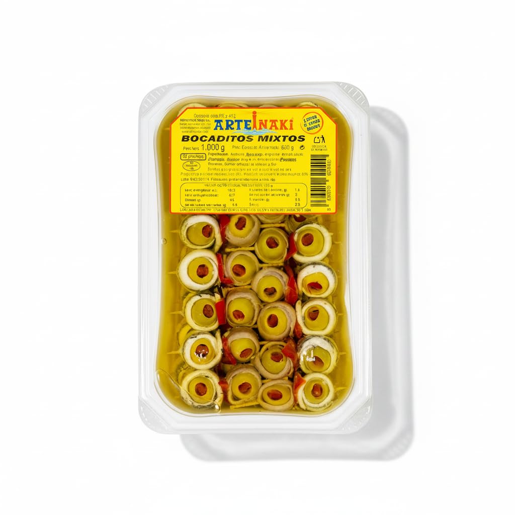 30 Bocaditos Mixtos - Pinchos Artesanales de Aceituna, Boquerón y Anchoa con Pimiento - Aperitivo Gourmet para Hostelería y Eventos - ArteInaki -1kg (600g Escurrido) - NEXU