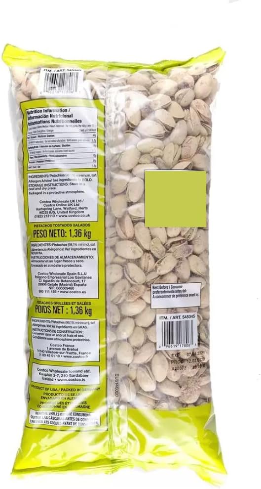KIRKLAND Pistachos con cáscara asados y salados, 1,36 kg