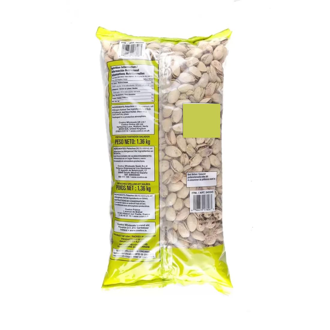 KIRKLAND Pistachos con cáscara asados y salados, 1,36 kg