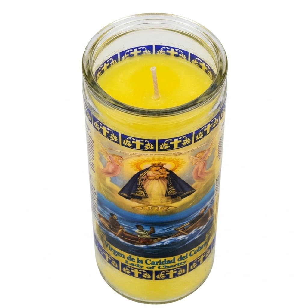 Vela de la Virgen de la Caridad del Cobre de 7 Días - Velón Amarillo para Oración y Devoción en Vaso de Cristal - Goya - 21 cm - 1 Unidad - NEXU