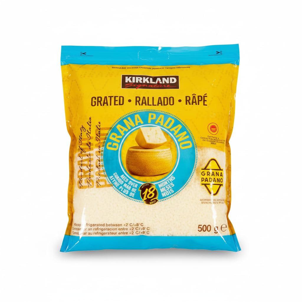 Grana Padano Rallado D.O.P. - Queso Italiano Curado +18 Meses - Auténtico Grana Padano de Italia en Bolsa de 500g - Kirkland Signature - Cierre Resellable para Pastas, Risottos y Ensaladas - NEXU